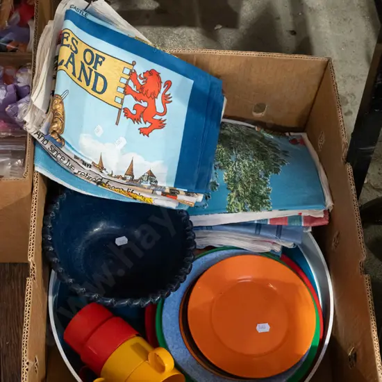 box; linen tea towels, plastic tray, plates etc