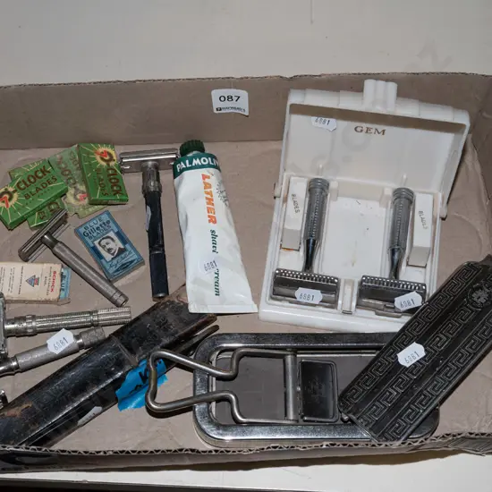 box; rolls and cut throat razors, blades etc