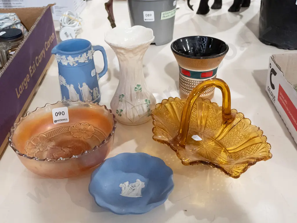 carnival glass bowl, basket, Belleek vase etc  Image 1++