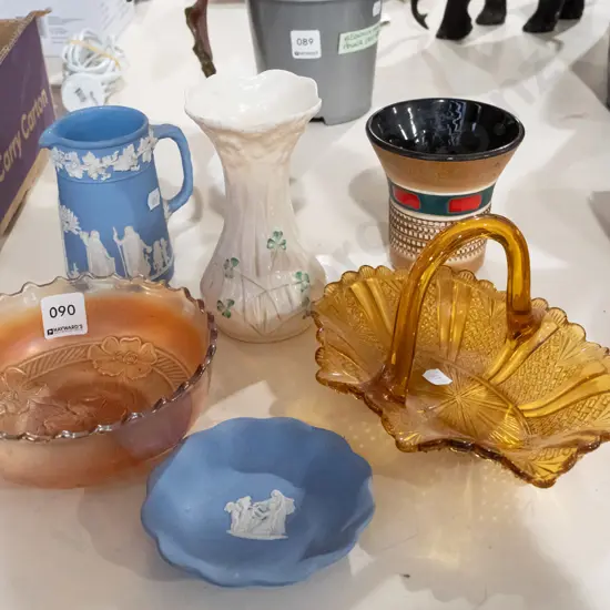 carnival glass bowl, basket, Belleek vase etc 