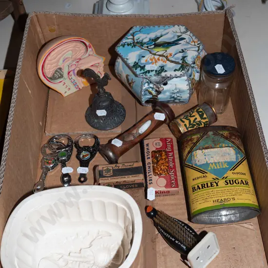 box; thistle themed jelly mould, egg timer, vintage tins etc