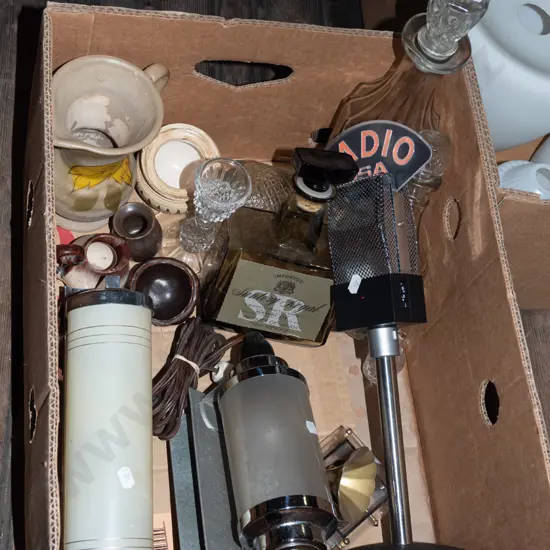 box; decanters, novelty radio, deco bed head lights etc