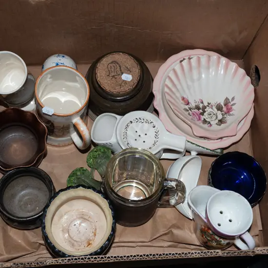 box; shaving cup, beer mugs, dishes etc