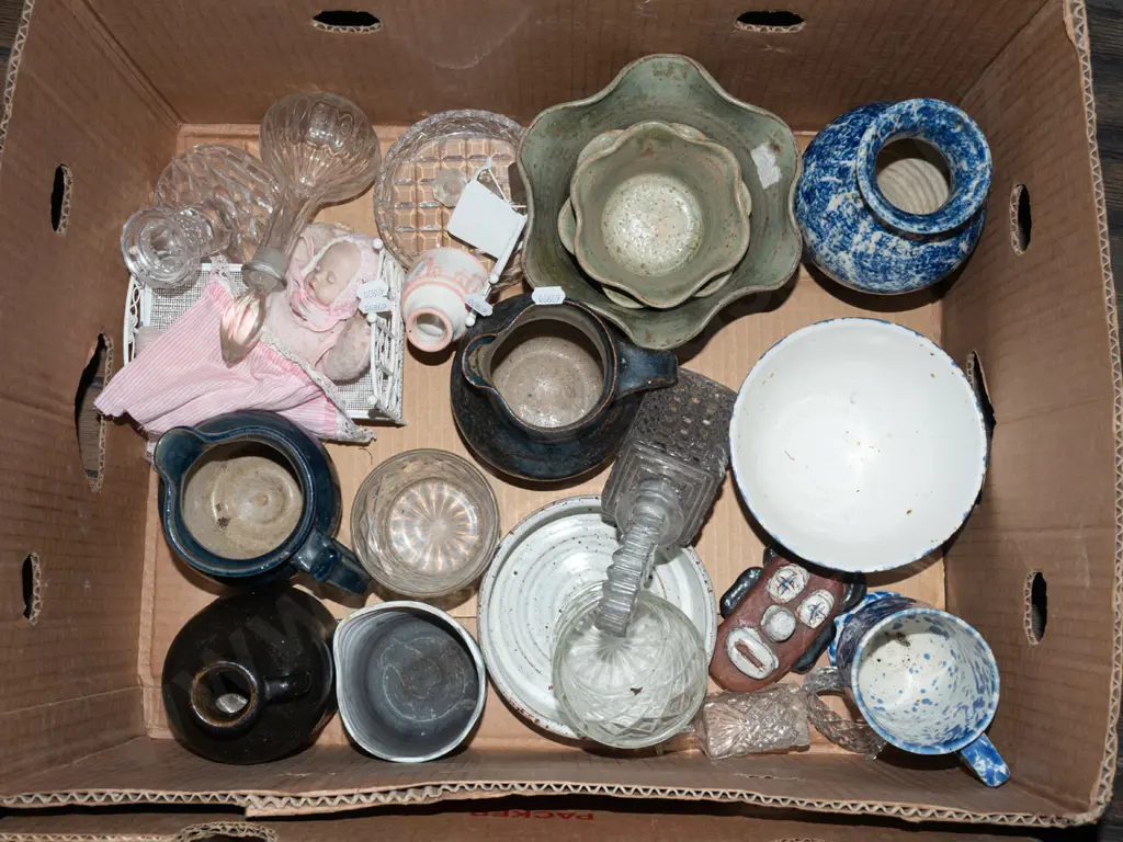 box; studio pottery bowls, decanters, perfume bottles etc Image 1++
