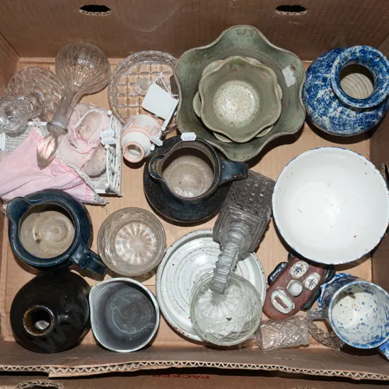 box; studio pottery bowls, decanters, perfume bottles etc