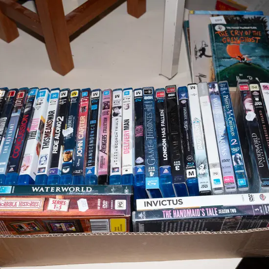 box; DVDs, blu rays