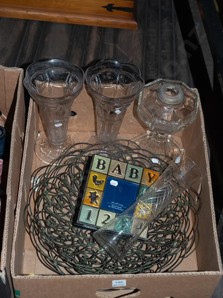 box; vases, glass kerosene lantern base, wire fruit baskets etc Image 1++