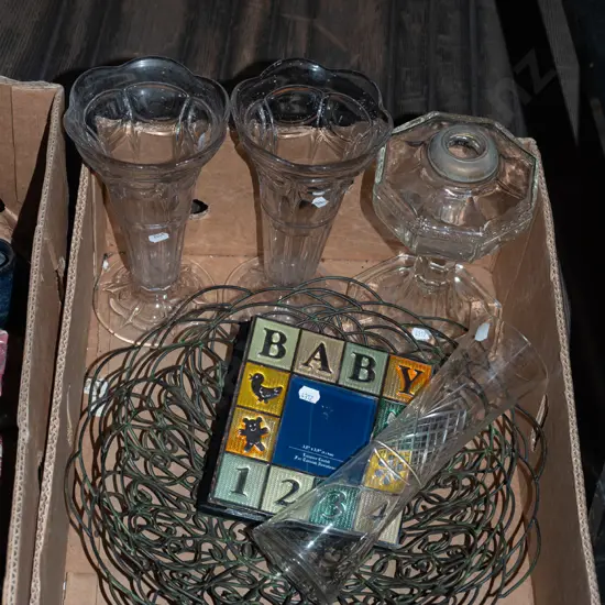 box; vases, glass kerosene lantern base, wire fruit baskets etc