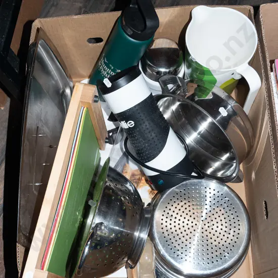 box; kitchen ware, chopping boards, jug, steamer etc