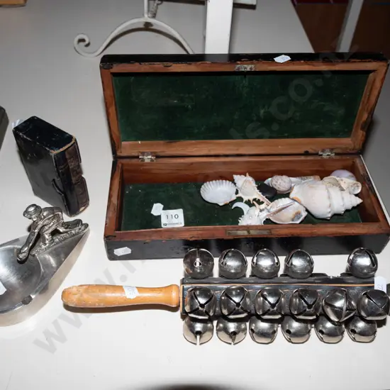 wooden box, seashells, ashtray etc