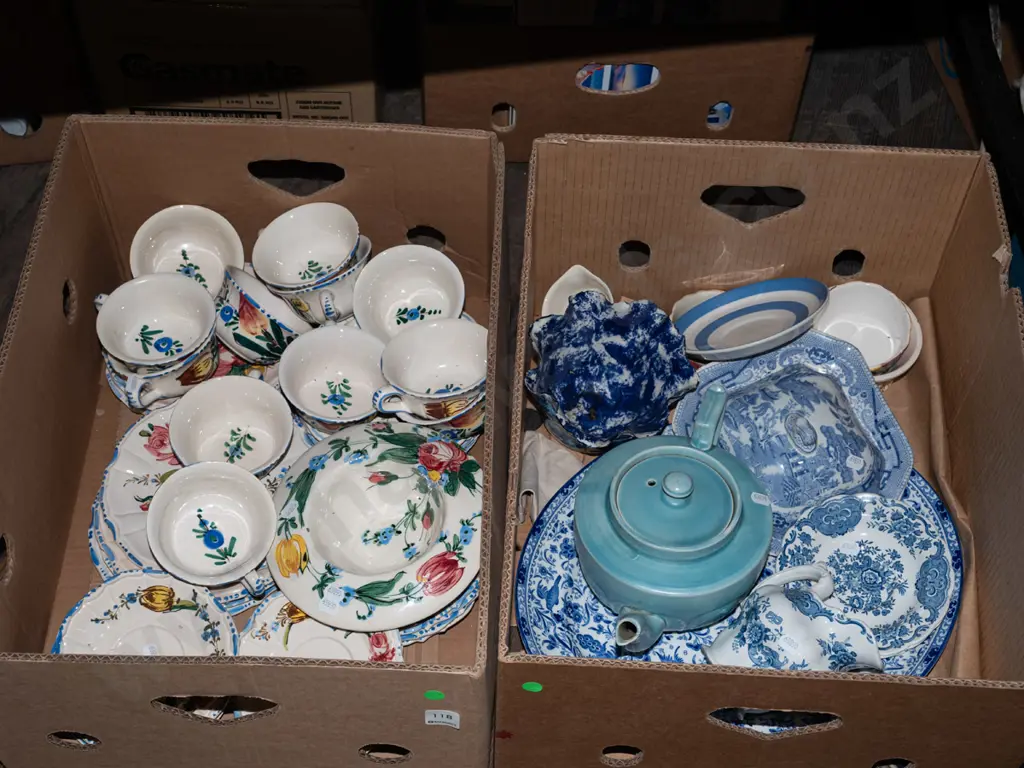 2x boxes of china; hand painted Italian cups, bowls, plates, teapot, ashet etc - green dots Image 1++