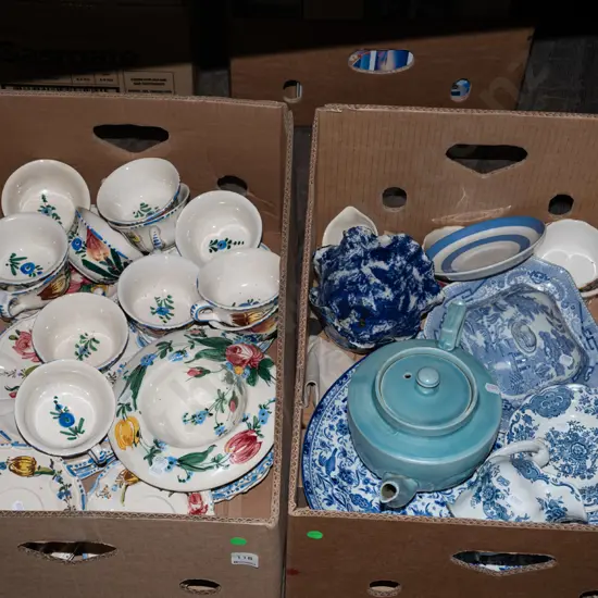 2x boxes of china; hand painted Italian cups, bowls, plates, teapot, ashet etc - green dots