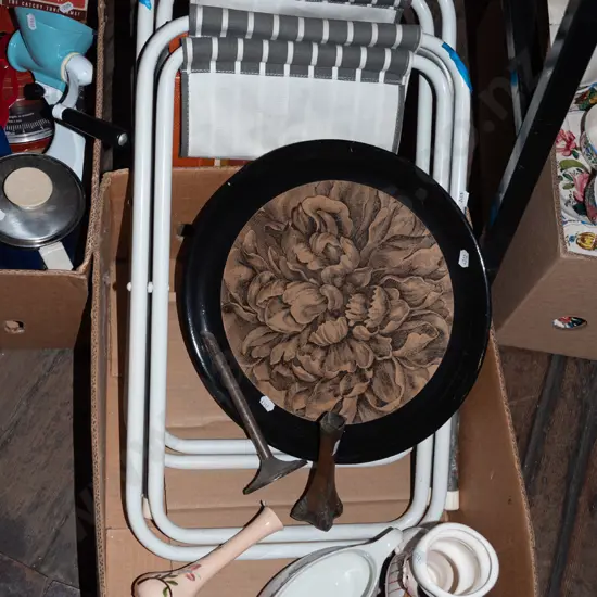 box; camping chairs, vases, gravy boat etc