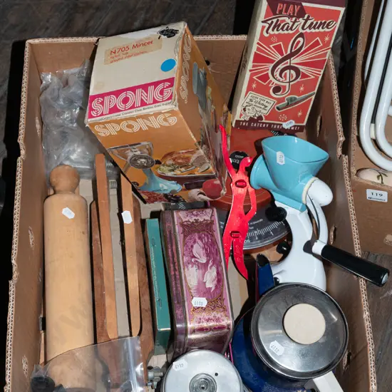 box; tins, coffee perc, rolling pin etc
