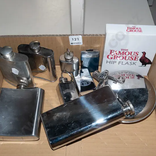 box of hip flasks, small flasks and lighters