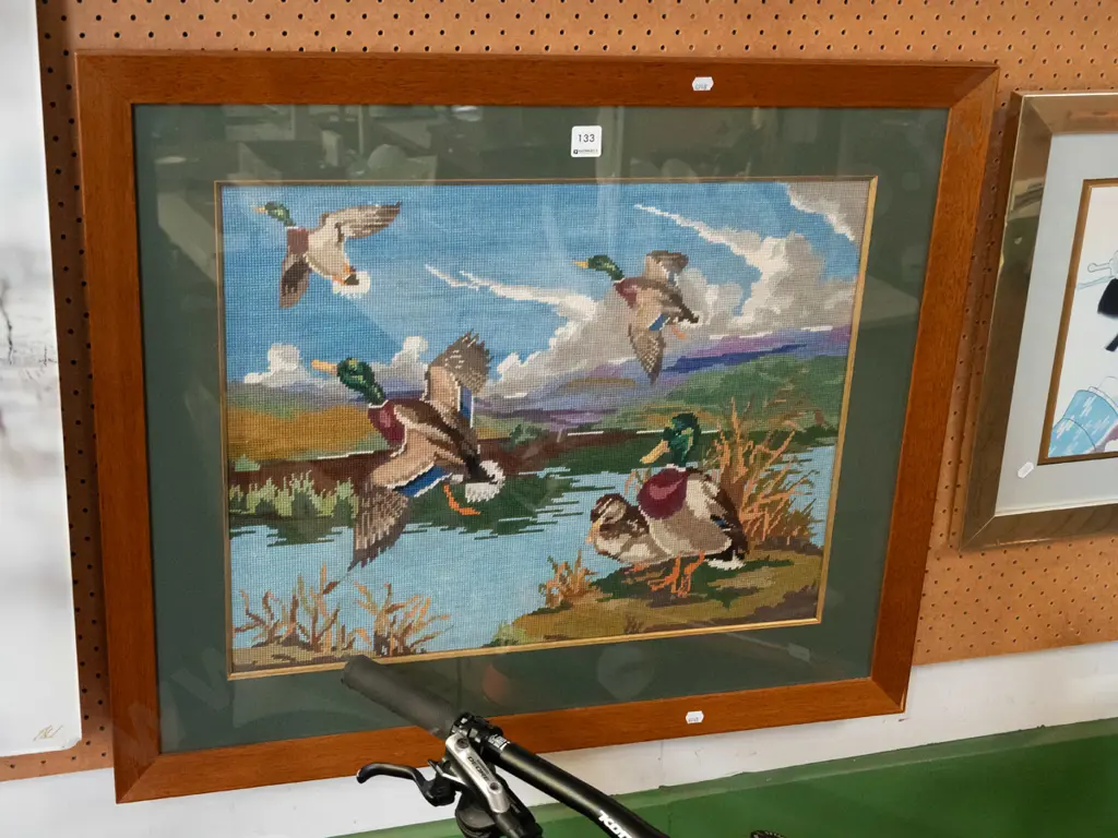 oak framed needlework - ducks Image 1++