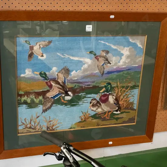 oak framed needlework - ducks