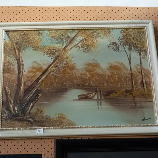framed oil on board - river scene