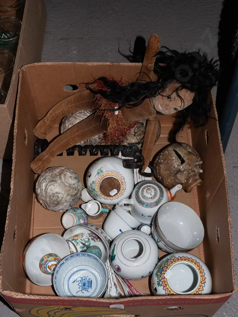 box; doll, studio pottery piggy banks, bowls etc Image 1++