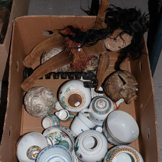 box; doll, studio pottery piggy banks, bowls etc