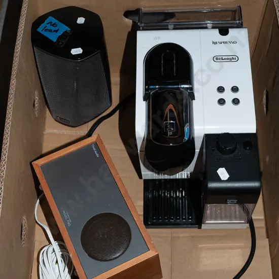 box; Delonghi espresso machine, Tivoli audio extension speaker, Helios speaker - no charging stand