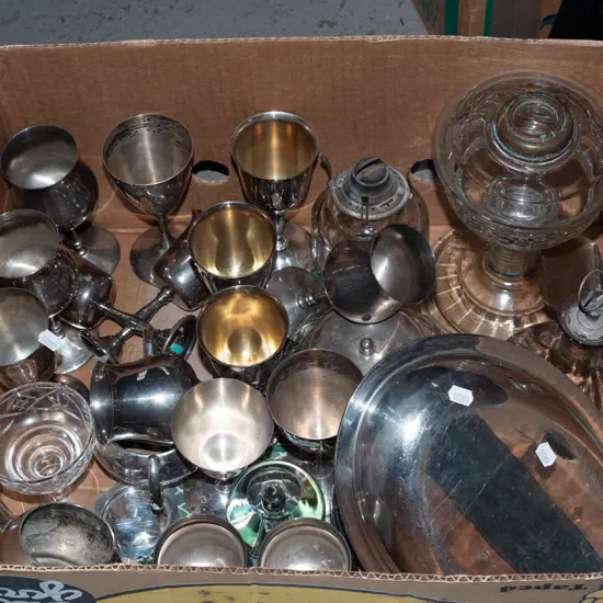 box; plated ware, glass kerosene lamp base