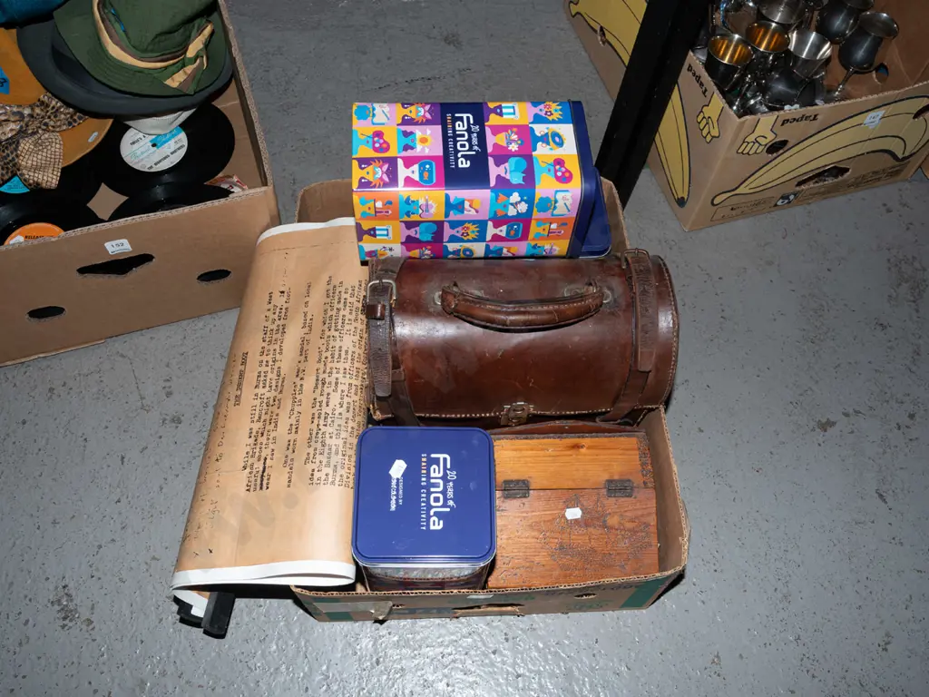 box; vintage tins, leather bowls bag etc Image 1++