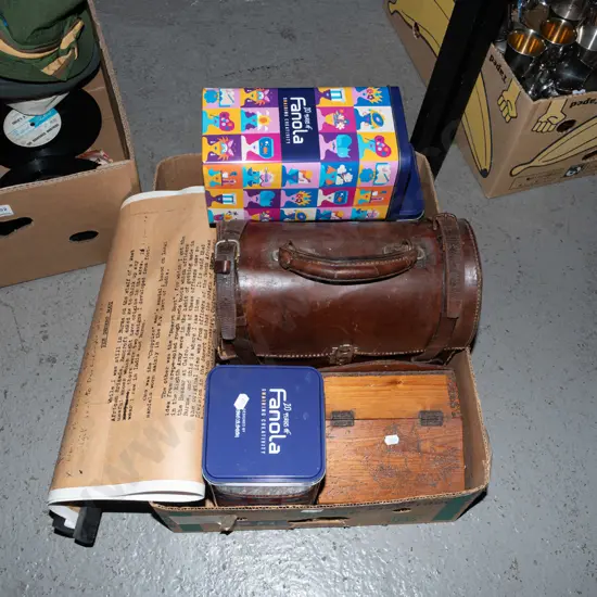 box; vintage tins, leather bowls bag etc
