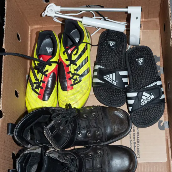 box; jandals, shoes, LED desk lamp