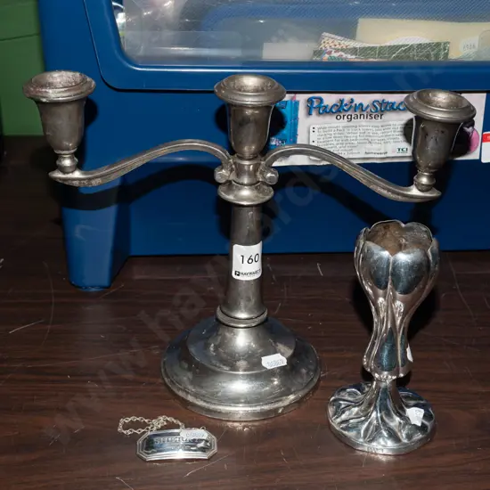 plated candelabra H220, tulip vase, sherry label 
