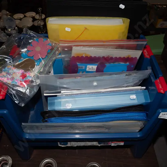 plastic tub; various crafting cards, papers, stencils etc