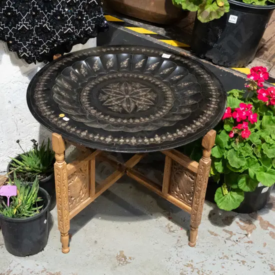 etched metal Middle Eastern bowl on stand