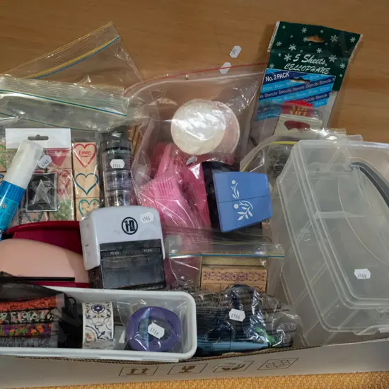 box; craft supplies, stmps, cutters, plastic organisers etc