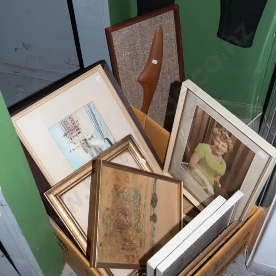 box; various artworks, prints, photographs etc