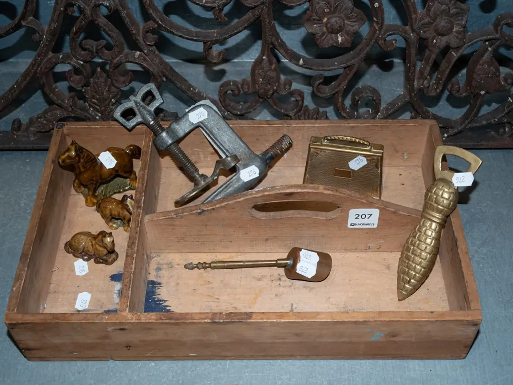 wooden cutlery tray, brass bottle opener etc Image 1++