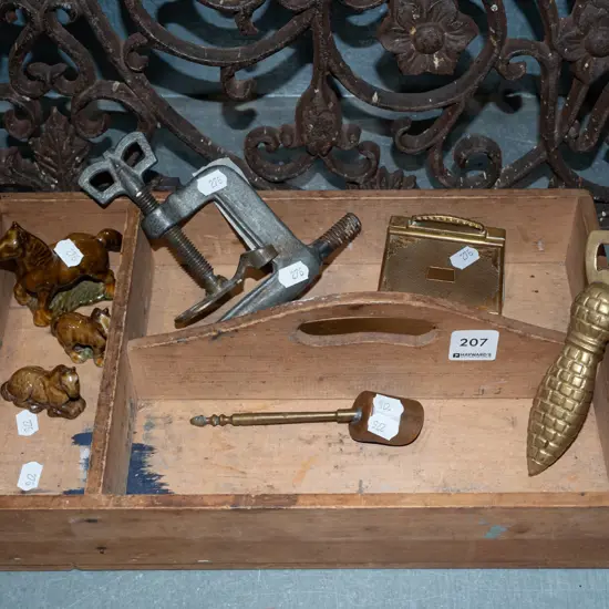 wooden cutlery tray, brass bottle opener etc