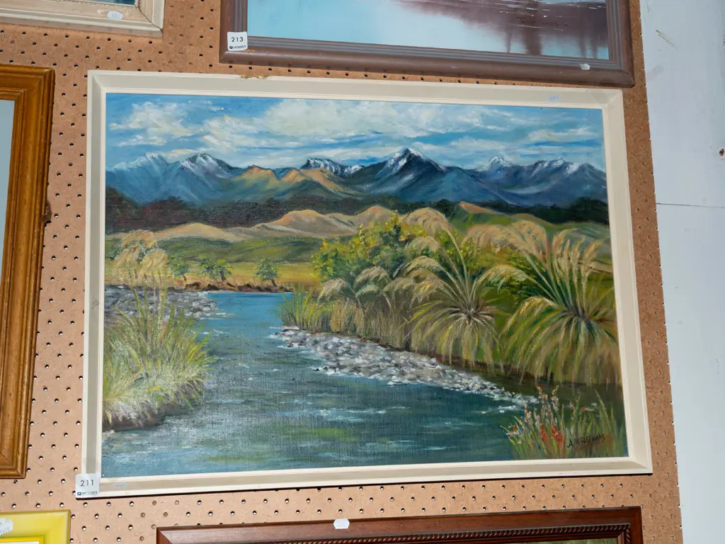framed oil - stream and mountain scene Image 1++