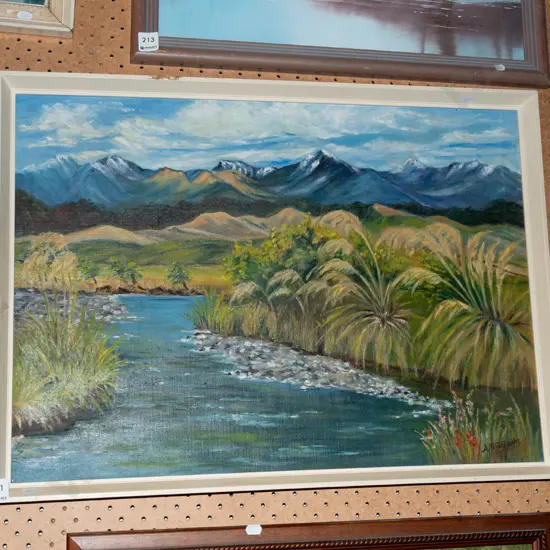 framed oil - stream and mountain scene