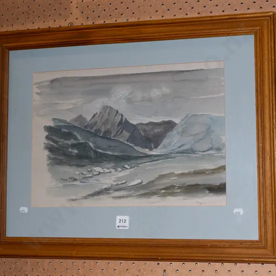 framed watercolour - river and mountain scene