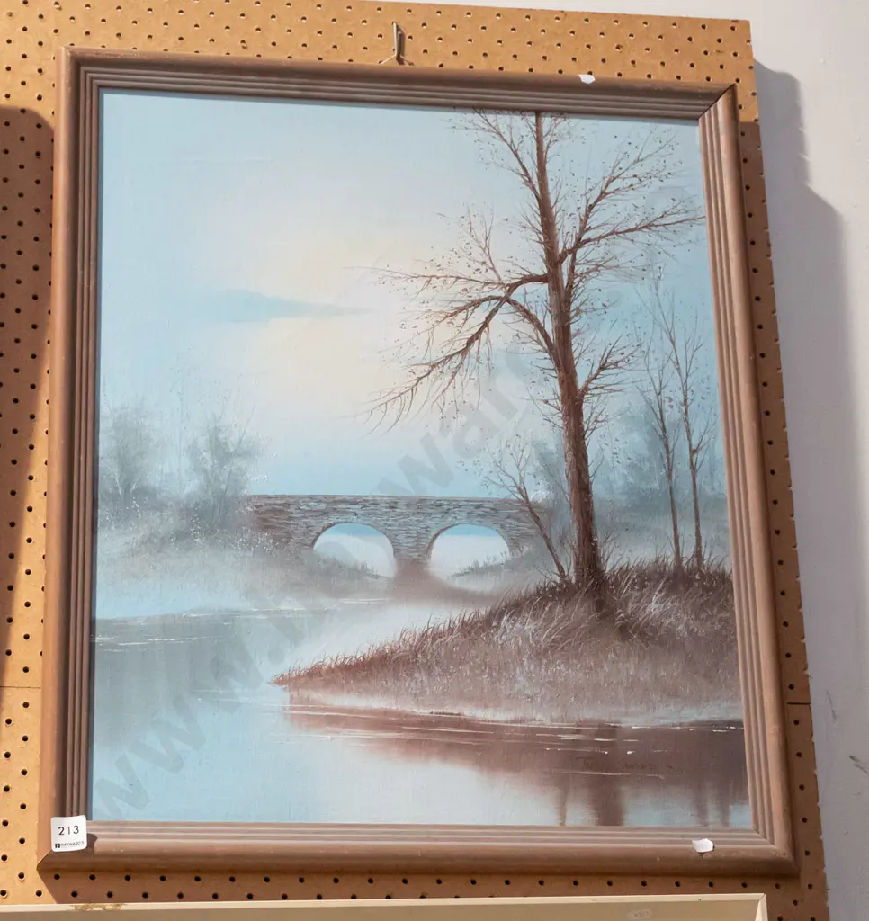 framed oil on board - stream and stone bridge Image 1++