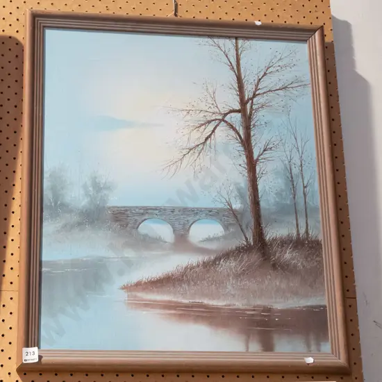 framed oil on board - stream and stone bridge