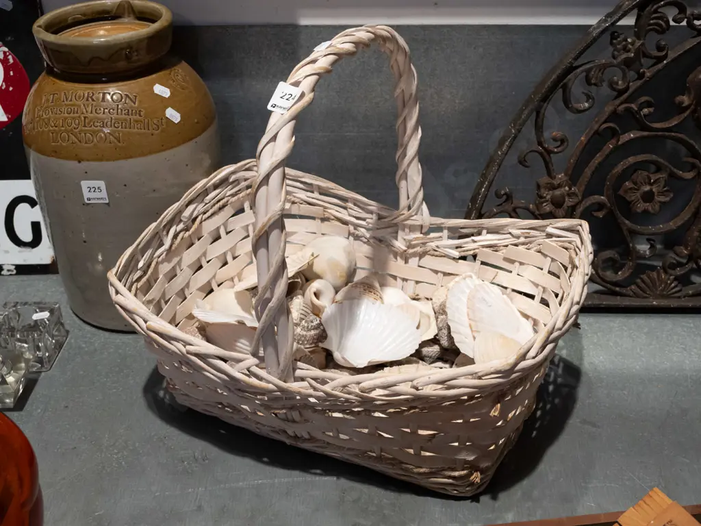 white painted cane basket and seashells Image 1++