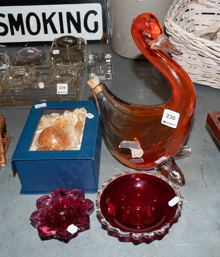 ruby glass bowls, presentation scent bottle, retro bird themed wine bottle - has repair H290 Image 1++