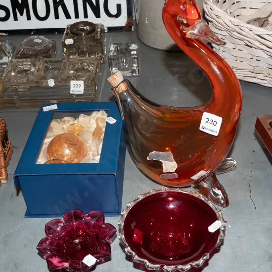 ruby glass bowls, presentation scent bottle, retro bird themed wine bottle - has repair H290