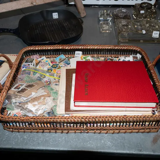 cane tray, stamp albums, stamps