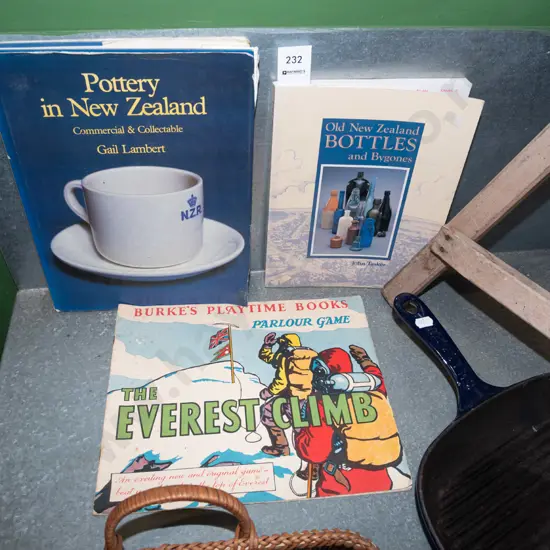 Everest parlour game, NZ pottery book, NZ bottles reference book