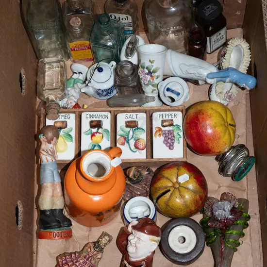 box; spice rack, table lighter, old bottles etc