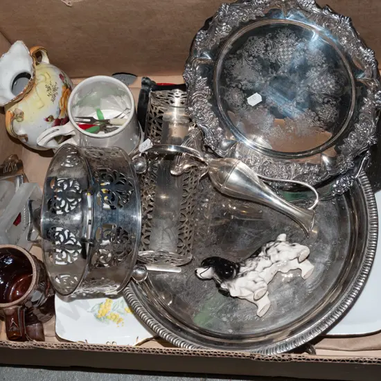 box; plated ware, beer mugs, vases etc