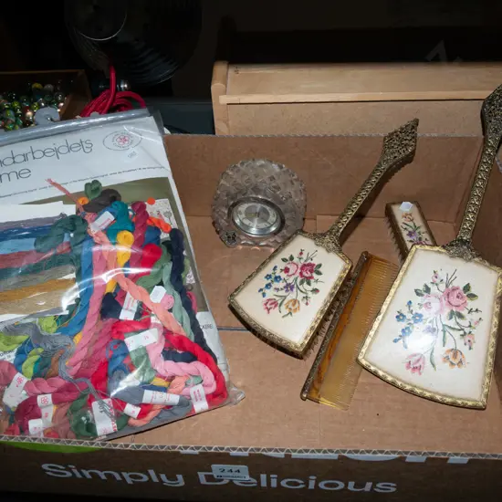 box; needlework kit, dress table set, clock
