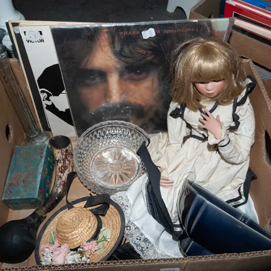 box; display doll, LPs, ikebana vase etc